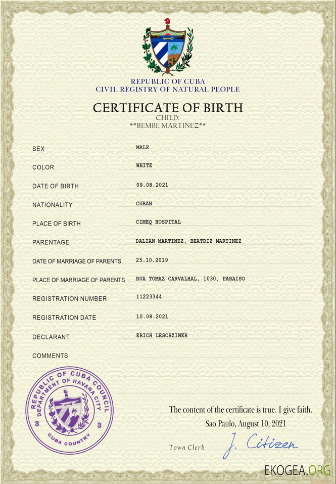 Modèle PSD de certificat de naissance de l'état civil de Cuba